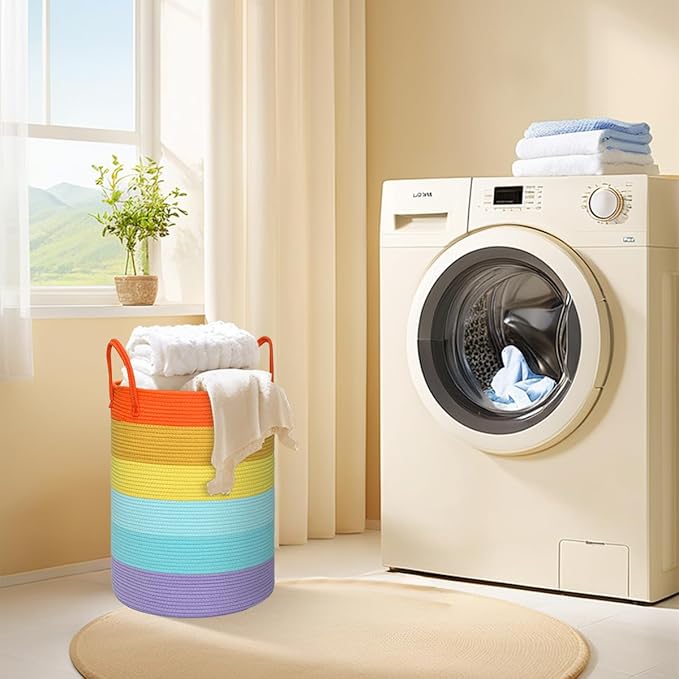 58L Large Dirty Clothes Hamper, Cotton Rope Laundry Hamper with Handles, Woven Foldable Laundry Hamper for Dirty Clothes, Blankets, Pillows in Bathroom, Living Room (Rainbow, 15 x 20in)