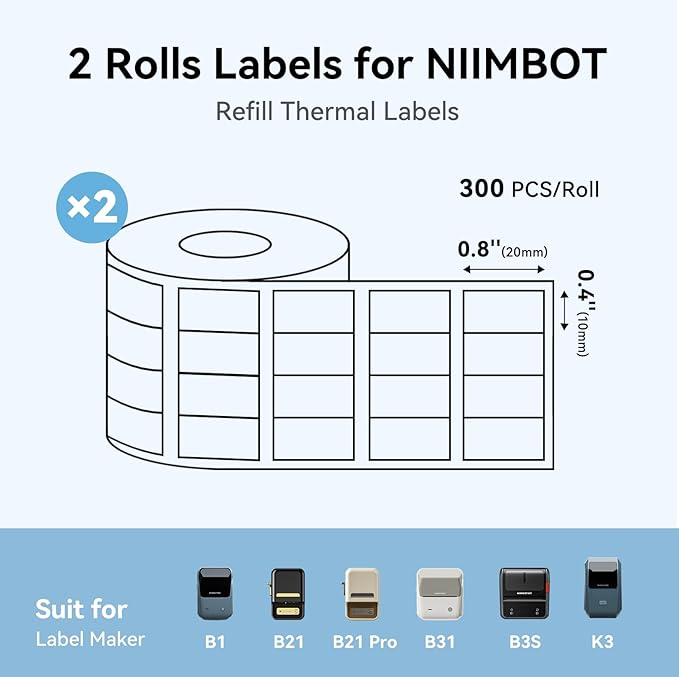 NIIMBOT Labels, 2 Rolls Refill Thermal Label for Label Maker B1/B21/B21Pro/B3S/B31/K3, Waterproof, Oil-Proof and Tear-Proof Sticker Labels, 0.4'' x 0.8''x4 (10x20mmx4) White