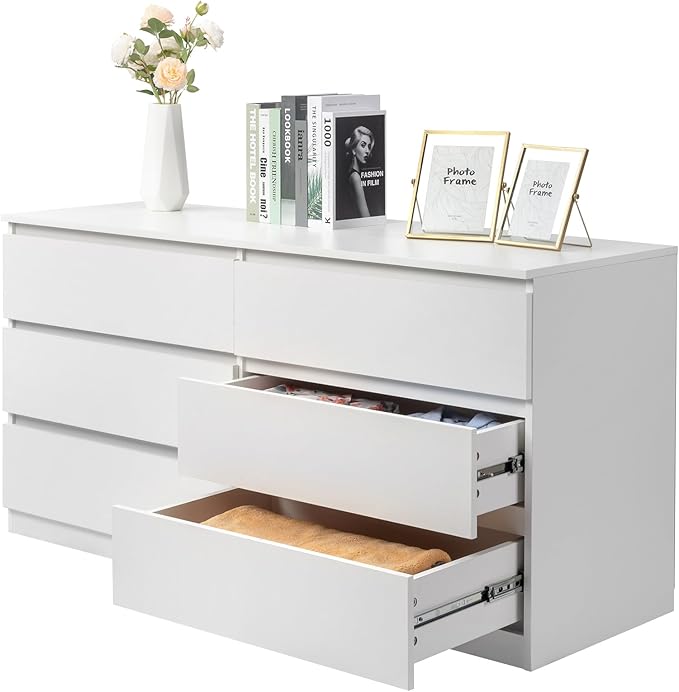 White Dresser for Bedroom,55'' Modern Large 6 Drawer Dresser with Deep Drawer,Storage Wide Chest of Drawer,Wood Bedroom Storage Furniture with No Handle Design