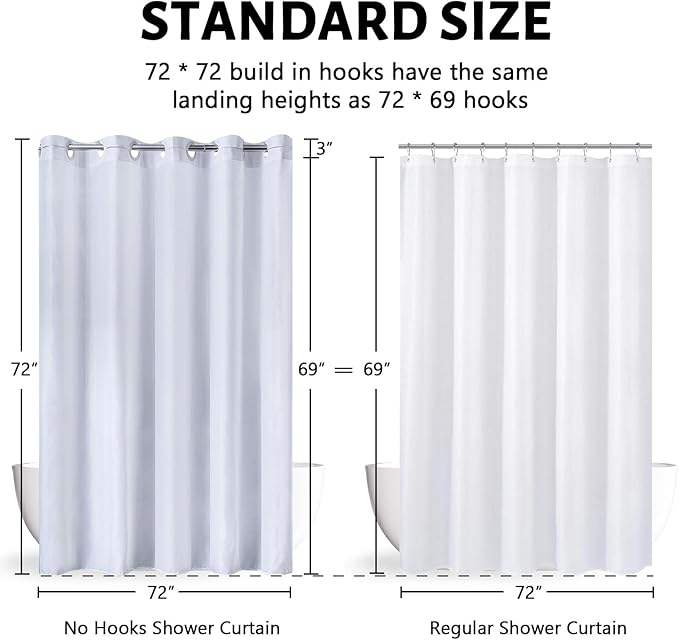 Furlinic No Hook Shower Curtain Fabric,White Waterproof Shower Curtain or Liner Hotel Spa Luxury,Washable Cloth Decoratvie Bathroom Curtains with 10 Plastic Split Grommets,72'' W x 72'' L