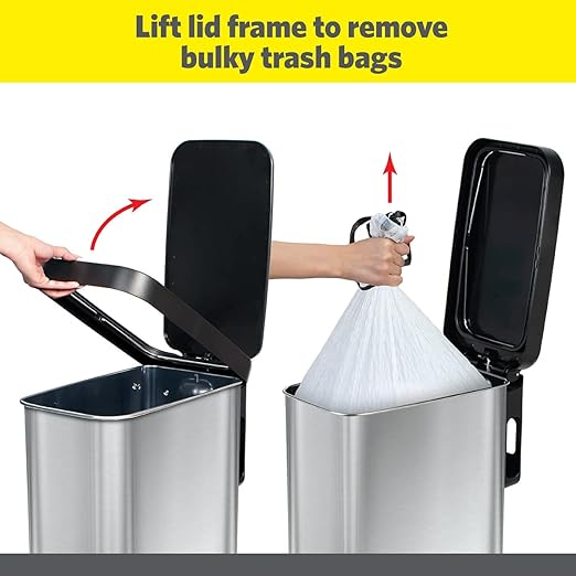 Glad Slim Trash Can with Clorox Odor Protection - Narrow Kitchen Garbage Bin with Soft Close Lid, Step On Foot Pedal and Waste Bag Roll Holder, Stainless Steel, 45 Liter