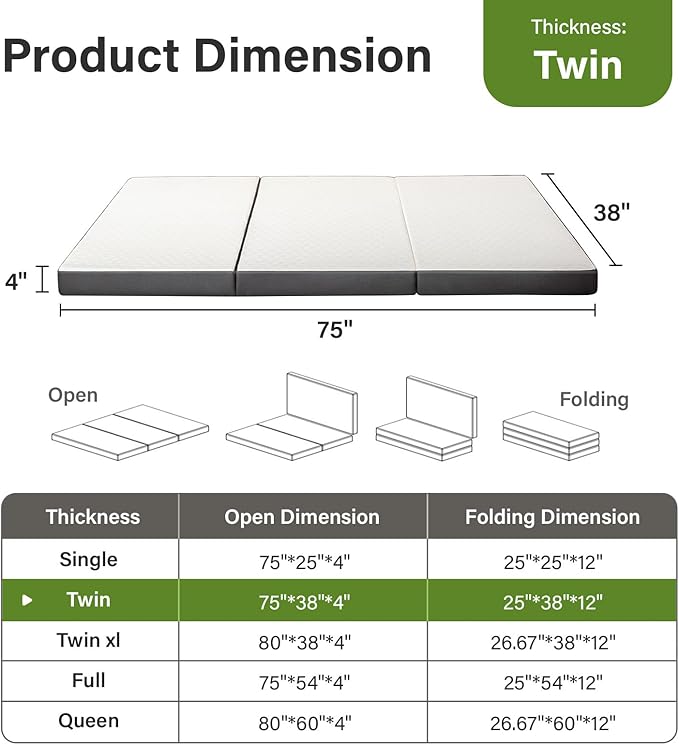Folding Mattress 4in Twin Memory Foam Tri-Folding Mattress with Washable Cover Foldable Floor Mat for Guest Bed, Camping, Yoga, RV Travel, White (Size: 38" L x 75" W x 4" Th)
