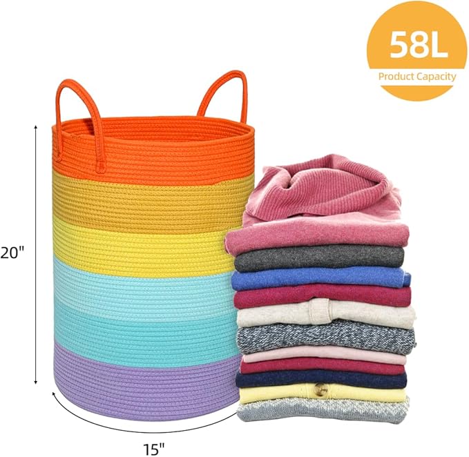 58L Large Dirty Clothes Hamper, Cotton Rope Laundry Hamper with Handles, Woven Foldable Laundry Hamper for Dirty Clothes, Blankets, Pillows in Bathroom, Living Room (Rainbow, 15 x 20in)