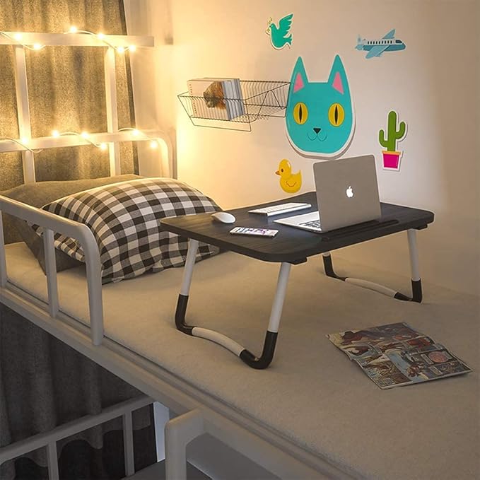Home Office Lap Desk with Storage Drawer, Cup and Phone Holder, Laptop Bed Tray Table, 23.6" Foldable Desk, Laptop Stand for Breakfast, Working, Writing, Gaming and Drawing