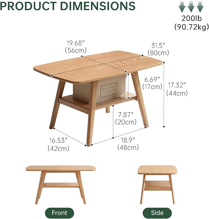 100% Solid Wood Coffee Table for Living Room, 2-Tier Mid Century Modern Small Tables with Shelf Storage, Storage Coffee Table with Rounded Corners (Oak Wood Log Color, 31.5'' L)