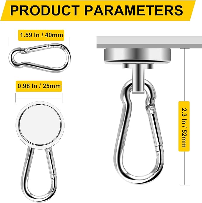 DIYMAG Magnetic Hooks,Heavy Duty Neodymium Magnetic Hooks with Swivel Carabiner Hook,Great for Your Refrigerator and Other Magnetic Surfaces,Pack of 6