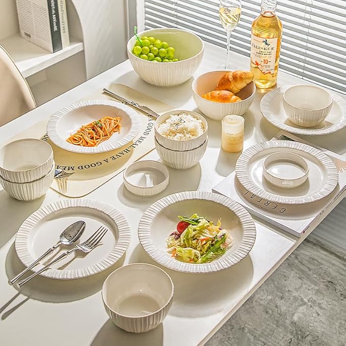 MDZF SWEET HOME 24-Piece White Ceramic Dinnerware Set - Rhine Series, Service for 6, Includes Bowls, Flat & Deep Plates, Microwave & Dishwasher Safe