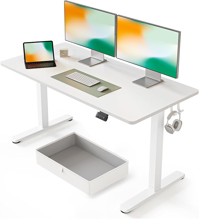 FEZIBO 55 x 24 Inches Standing Desk with Drawer, Adjustable Height Electric Stand up Desk with Storage, Sit Stand Home Office Desk, Ergonomic Computer Desk, White