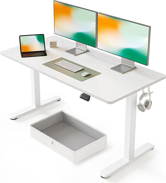 FEZIBO 55 x 24 Inches Standing Desk with Drawer, Adjustable Height Electric Stand up Desk with Storage, Sit Stand Home Office Desk, Ergonomic Computer Desk, White