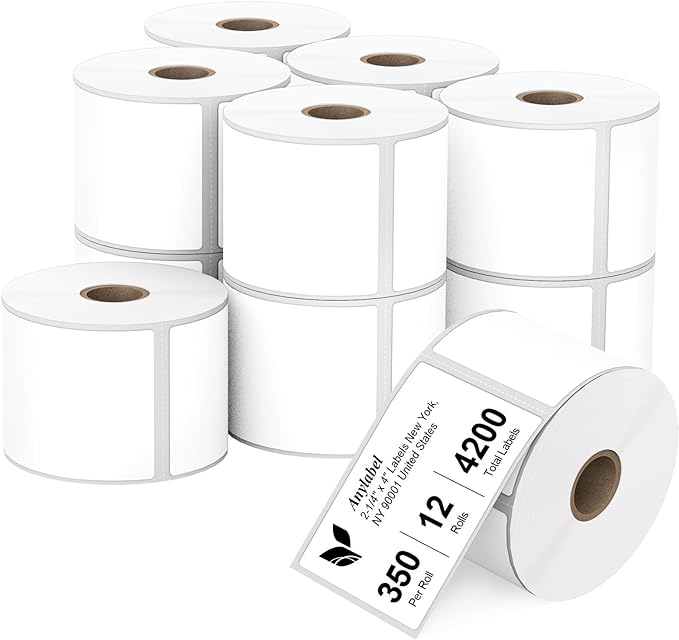 Compatible 2-1/4" x 4" Direct Thermal Labels Replacement for Barcodes Postage Address Shipping Compatible with Rollo & Zebra Desktop Printers Adhesive & Perforated (12 Rolls, 350 Labels/Roll)