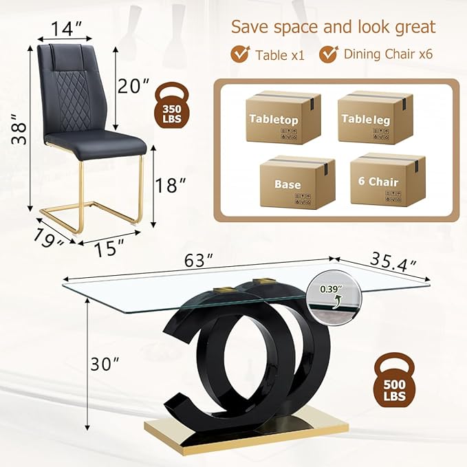 63'' Glass Dining Table Set for 6, Kitchen Table Chairs Set of 6, Clear Glass Dining Table with Black unique design Leg and Gold Metal Base, 6 PU Dining Chairs with Metal Legs, Living Room, Kitchen.