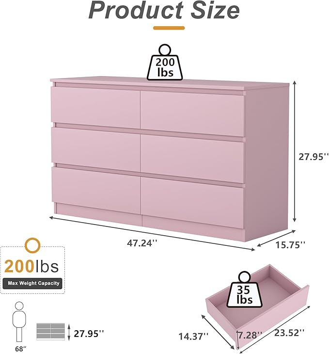 Pink Dresser for Bedroom, Modern 6 Drawer Dresser with Deep Drawer,Wide Storage Chest of Drawers, Bedroom Storage Organizer Furniture,TV Stand for Living Room