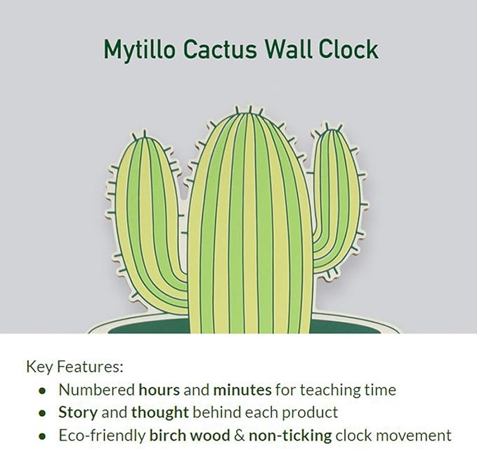 Silent 11-Inch Wall Clock for Indoor, Office, Home, Baby Room - Non-Ticking, Decorative, Modern, Kid-Friendly, Cactus (Green Cactus)