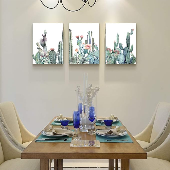 Canvas Wall Art for bedroom living room Canvas Prints Artwork bathroom Wall Decor Green plants cactus flower watercolor painting 16" x 24" 3 Pieces modern Framed Ready to hang Office Home Decoration