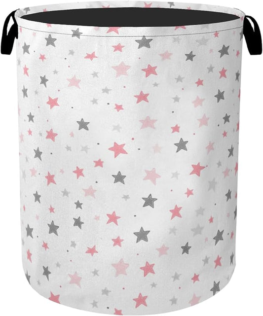 Cute Pink Stars Foldable Canvas Laundry Basket with Handles - Toy Organizer, Heavy Duty for Home，Bedroom, Dorm, Bathroom