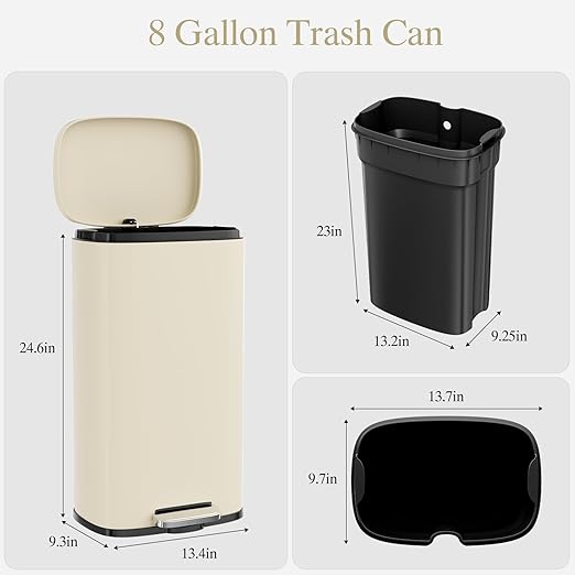 AthLike Trash Can, Stainless Steel Kitchen Garbage Can, Step Waste Bin with Hinged Lid and Removable Inner Bucket, Soft-Close, Dustbin for Bathroom Bedroom Living Room Home (Beige, 8 Gal)