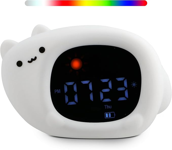 Bumble & Bright Go & Glow Cat App Control Kids Alarm Clock – Digital Sleep Trainer with USB-C Corded, 8 Night Light Colors, 6 Soothing Sounds, 12/24H Routine Trainer, Gift for Boys & Girls