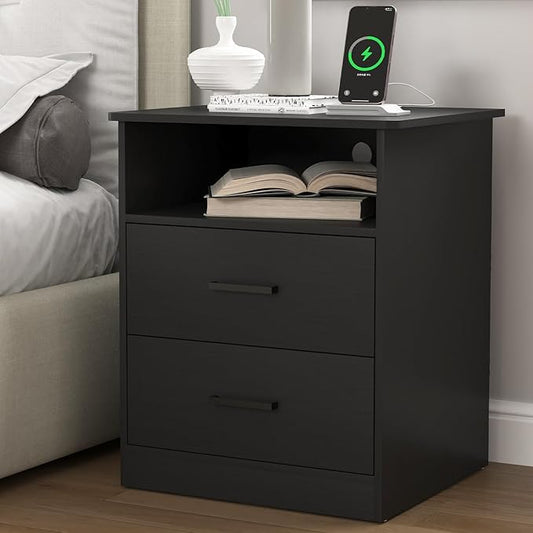 Night Stand with Charger Station, Modern Nightstand with USB Type-C Ports and AC Outlets, Large Bedside Table with 2 Drawers and Open Storage, Wooden End Table for Bedroom (Black, 2 Drawers)