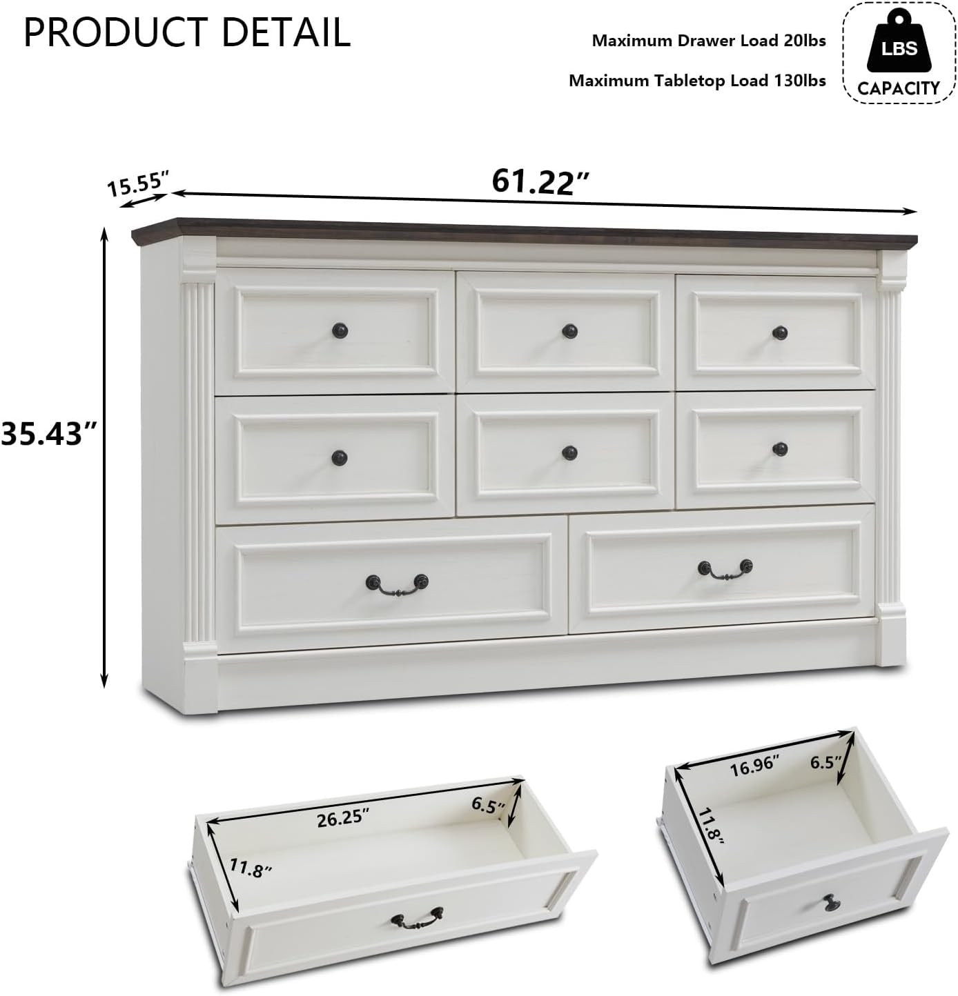 Aitjunz Farmhouse 8 Drawers Dresser for Bedroom, 61" Wide Large Dressers & Chests of Drawers w/Roman Column, Storage Dressers Organizer for Bedroom, Hallway, Living Room, White