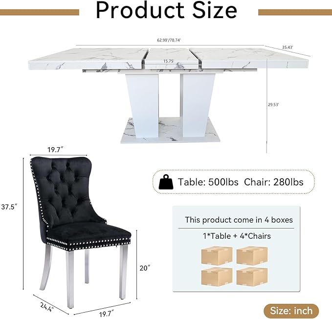5-Piece Extendable Dining Table Set for 4-8 People 63-78 Inch Kitchen Table Set with 4 Black Upholstered Chairs Modern White Faux Marble Rectangular Dining Room Table Set for Kitchen Apartment