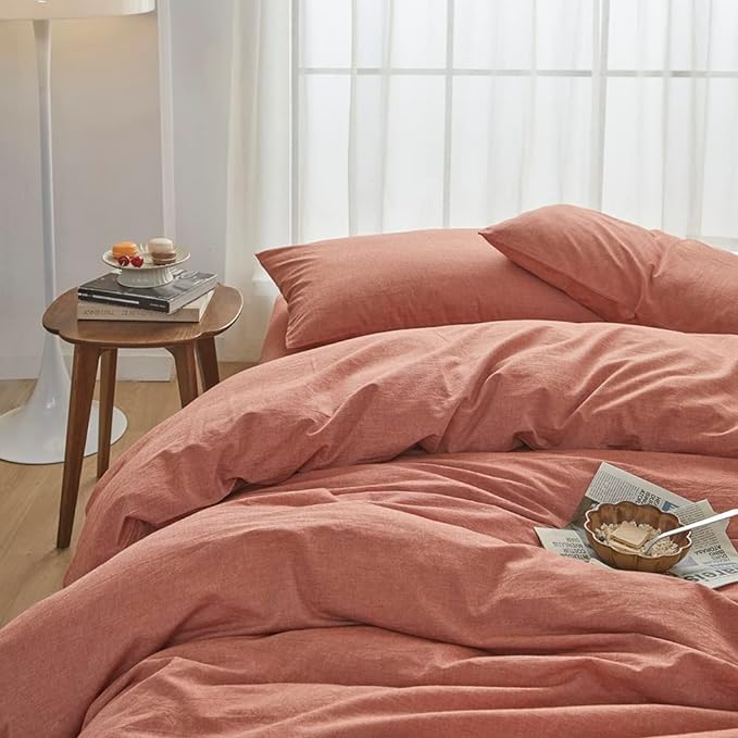 FACE TWO FACE Bedding Duvet Cover Set 3 Pieces 100% Washed Cotton Duvet Cover Linen Like Textured Breathable Durable Soft Comfy (California King, Caramel)