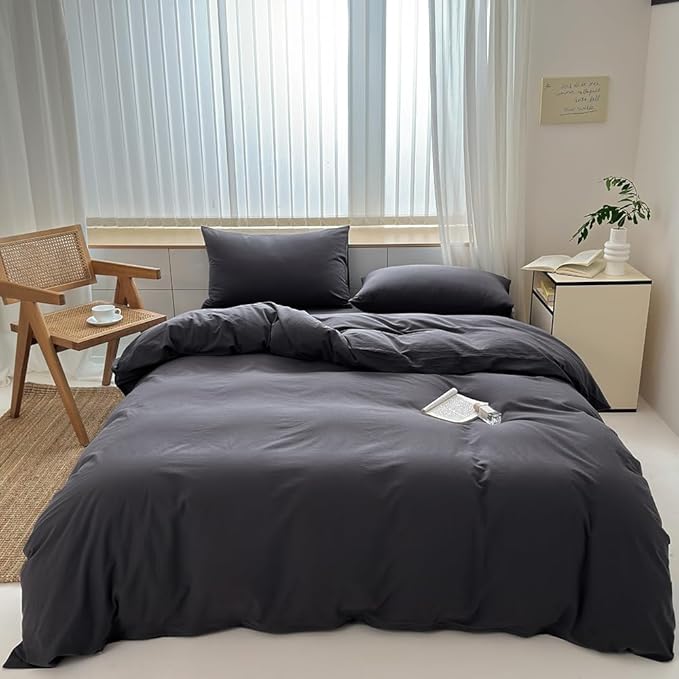 FACE TWO FACE Bedding Duvet Cover Set100% Washed Cotton Duvet Cover Linen Like Textured Breathable Durable Soft Comfy (Twin, Volcanic Black)