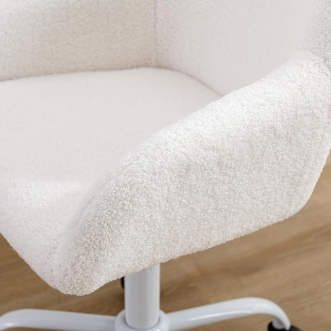 Kids Desk Chair Faux Fur Upholstered Swivel Reading Chair, Cute Adjustable Study Chair with White Wheels for Reading Room Bedroom, White