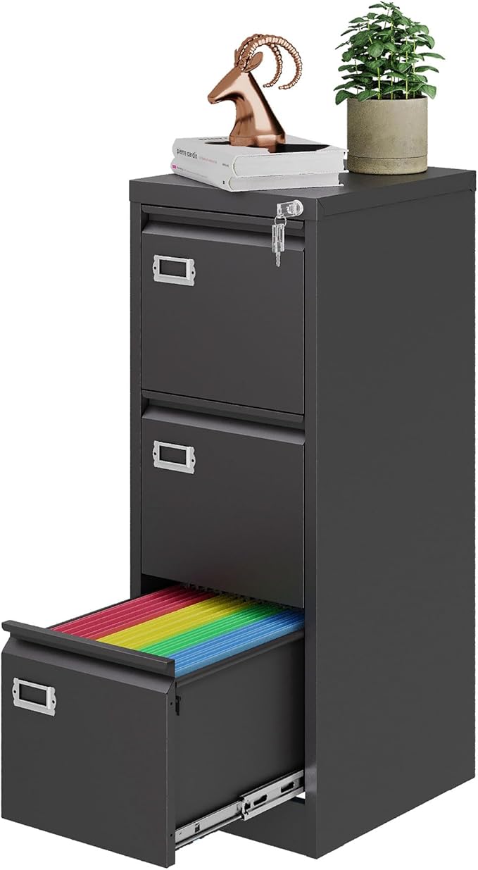 3 Drawer File Cabinet with Lock, Metal Filing Cabinets, Vertical Small Filing Cabinet Steel Lockable Storage Cabinets for Home Office to Organization Hanging Letter/Legal/F4/A4