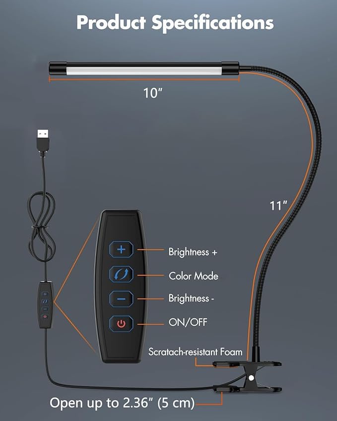 JHD LED Desk Lamp with Clamp - Adjustable 3 Color Modes 10 Brightness Level Table Lamp, USB Eye Caring Flexible Gooseneck Desk Light for Home Office, Dorm Room, Reading, Nail, Clip On Light, Black