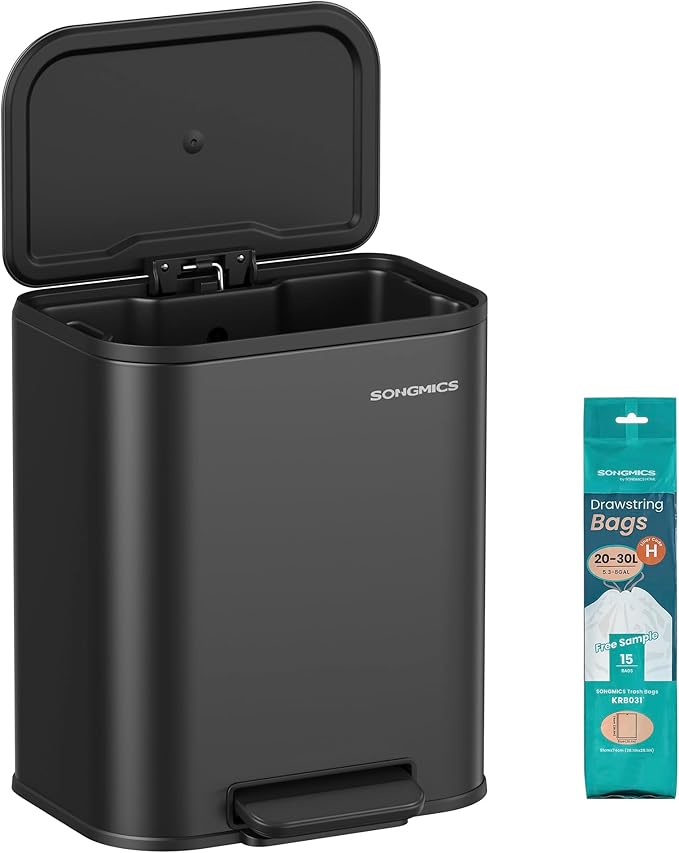 SONGMICS Kitchen Trash Can, 5.2-Gallon (20L) Garbage Can with Lid, Stainless Steel, Soft Close and Stays Open, Inner Bucket, Wide Non-Slip Pedal, Ink Black ULTB542B20