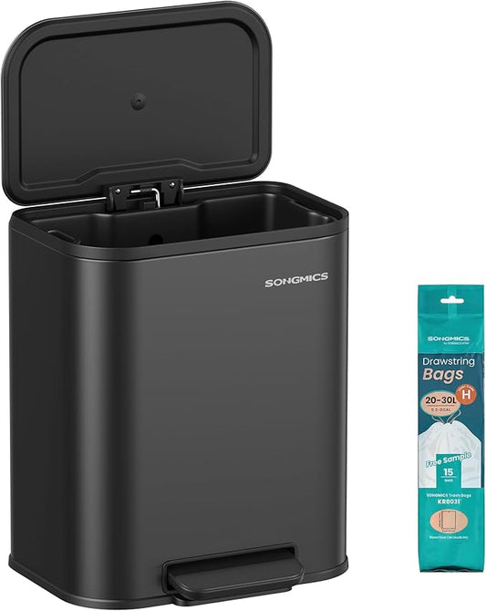 SONGMICS Kitchen Trash Can, 5.2-Gallon (20L) Garbage Can with Lid, Stainless Steel, Soft Close and Stays Open, Inner Bucket, Wide Non-Slip Pedal, Ink Black ULTB542B20