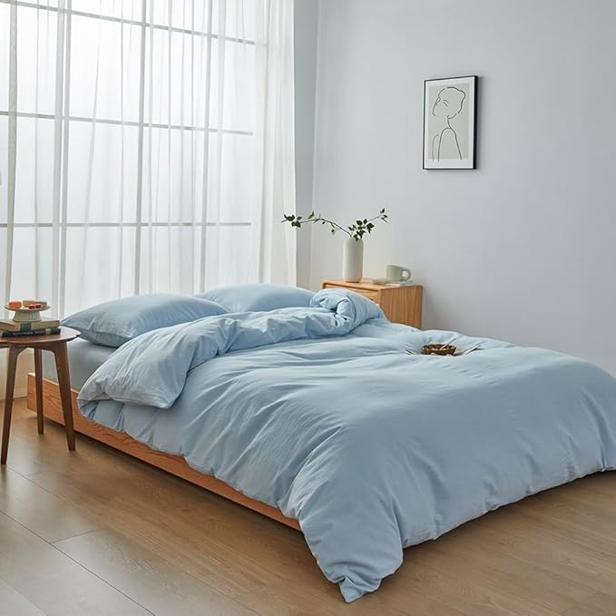 FACE TWO FACE Bedding Duvet Cover Set100% Washed Cotton Duvet Cover Linen Like Textured Breathable Durable Soft Comfy (Queen, Light Cyan)