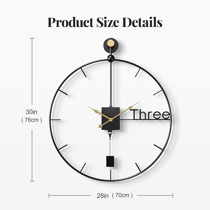 30 inch Wall Clock Large Modern Battery Operated Wall Clock with Swing Pendulum, Silent Non-Ticking Metal Clock for Living Room Decor, Decorative Hanging Clock for Bedroom, Office, Kitchen, Home