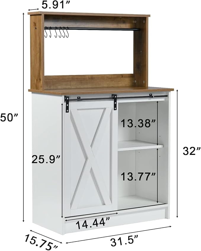 Farmhouse Coffee Bar Cabinet with 6 Hooks, White Coffee Bar Hutch with Storage, 50 Inch Buffet Cabinet with Sliding Barn Door, Coffee Bar Table with Adjustable Shelves for Living Dining Room
