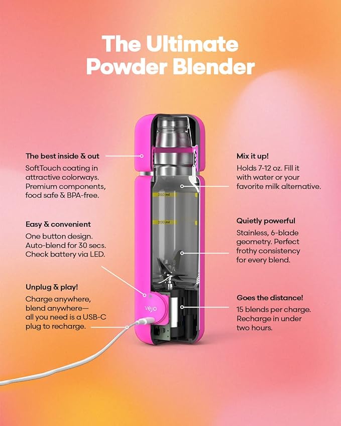 Vejo Personal Blender Powder-Powered Blending System | No Shaking | No Clumps | No Prep | Easy One-Button Design | USB Rechargeable Blender | Neon Pink