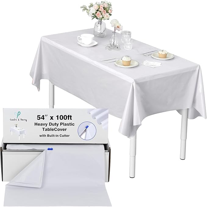 Craft And Party, 54 in x 100 feet Plastic Table Cover Roll for Party, Banquet, Picnic, Kids Activities for Any Size and Shape Table (White, 54" x 100ft)