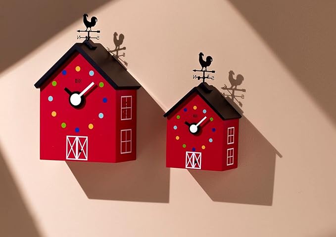 KOOKOO Red Barn Small, Farmhouse Clock with 12 Animal Sounds, a Rooster and a Rotating weathervane