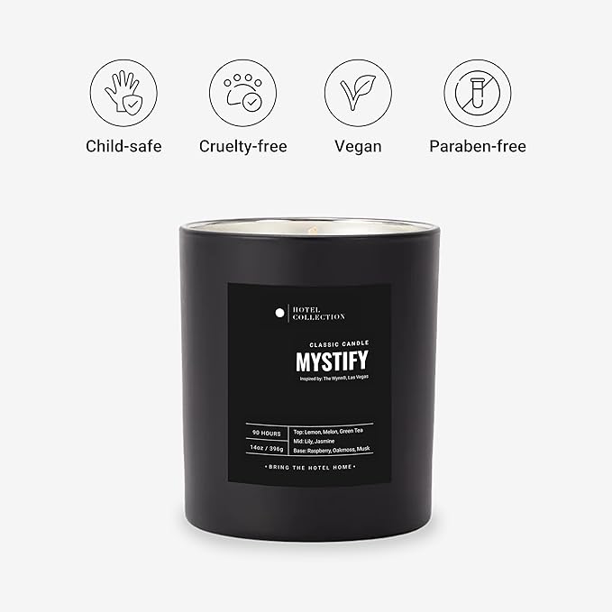 Hotel Collection - Mystify Single Wick Classic Candle - Hotel Inpsired Luxury Candle - 90 - Hours Burn Time - Hints of Jasmine, Green Melon, Lily - 14 oz - Black