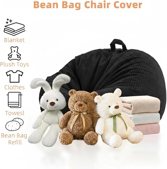 Stuffed Animal Storage Bean Bag Cover (No Filler), Corduroy Kids & Toddler Bean Bag Chair for Teens & Adults, Toy Storage Organizer, Comfy Sofa for Playroom (Onyx Black, Kids (Cover Only）)