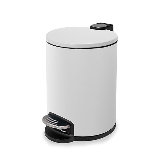 ACENTO 1.3 Gal Round Bathroom Trash Can with Lid – Stainless Steel Small Trashcan with Soft Close Pedal & Removable Liner – Compact Waste Bin for Bathroom, Bedroom, Dorm, Office – Matte White