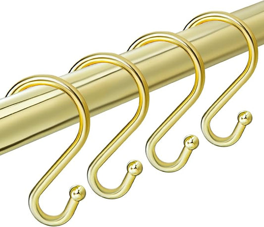 Shower Curtain Hooks Rings, Stainless Steel S Shaped Shower Hooks Rust Proof, Metal Shower Curtain Hangers for Shower Curtains, Kitchen, Wardrobe & Garden, Gold, Set of 12