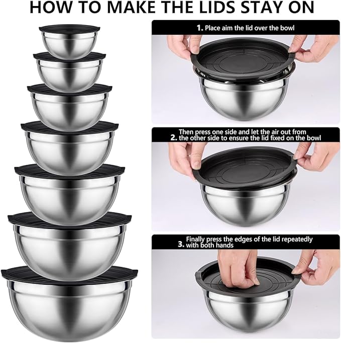 Mixing Bowls with Lids set - 25 PCS Stainless Steel Nesting Black Mixing Bowls Set for Baking, Mixing, Serving & Prepping, Size 5, 3.7, 2.8, 2.3, 1.7, 1.1, 0.7QT, 11 Cooking Utensils