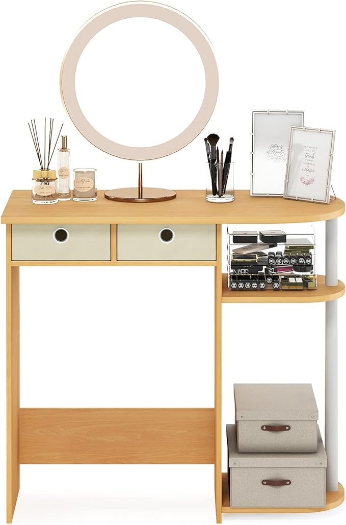Furinno Go Green Home Laptop Notebook Computer Desk/Table with 2 Drawer Bins, Beech/Ivory/White