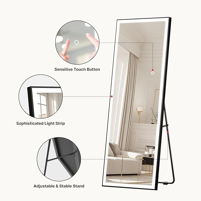 72x28 Full Length Mirror, Dimmable 3 Color LED Light w/Light Memory, Distortion Free Silver Coating Mirror, HD Reflection &Anti Desilvering,Tempered Glass &Shatter Proof Film Doubles Safety
