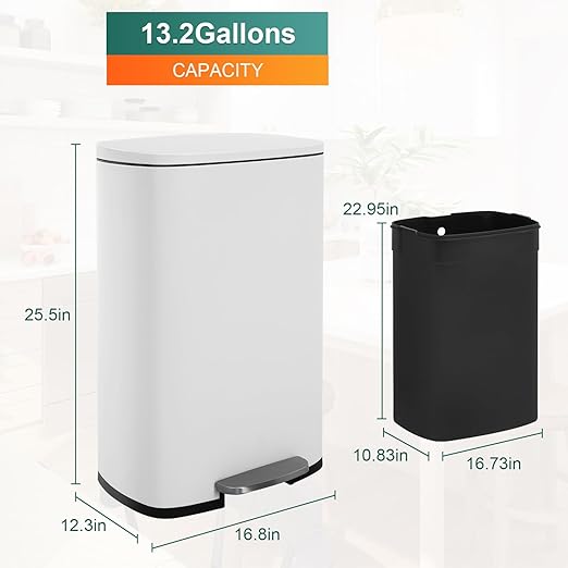 BestOffice 13 Gallon (50L) Trash Can with Lid Garbage Can Commercial Trash Can with Soft-Close Foot Pedal Fingerprint Proof Stainless Steel Trash Can for Kitchen Home Office Bedroom Bathroom, White