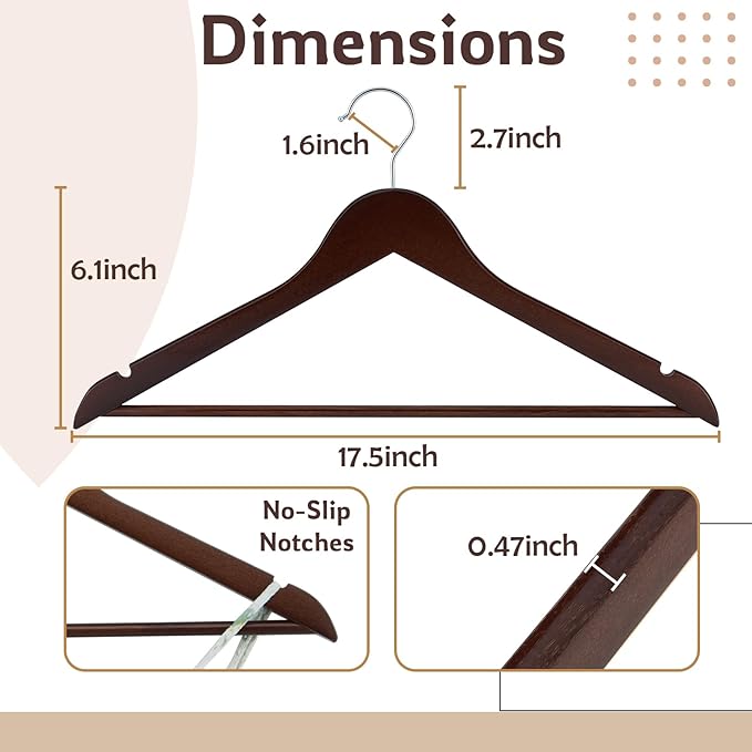 ELONG HOME Solid Wooden Hangers, 30 Pack Walnut Slim Wood Hangers with Extra Smooth Finish, Precisely Cut Notches and Chrome Swivel Hook, Wooden Clothes Hangers for Shirt Suit Jacket Dress