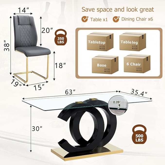 63'' Glass Dining Table Set for 6, Kitchen Table Chairs Set of 6, Clear Glass Dining Table with Black unique design Leg and Gold Metal Base, 6 PU Dining Chairs with Metal Legs, Living Room, Kitchen.