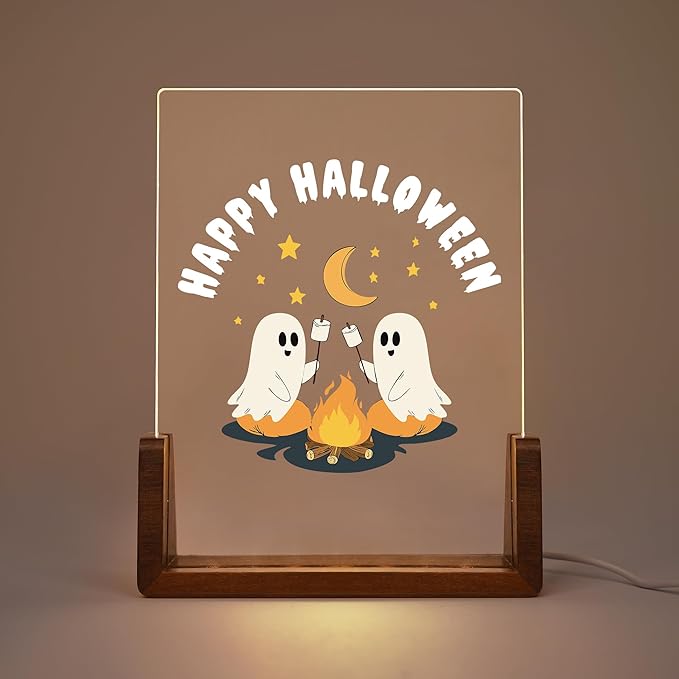 Custom Ghost Campfire Night Light 6.4" | 7-Color LED, Personalized Text | Spooky Ghost Cute Halloween Décor Night Lights Gifts for Kids Family and Friends