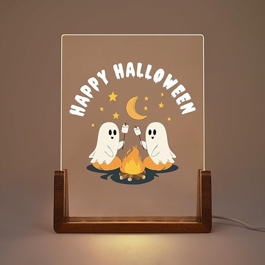 Custom Ghost Campfire Night Light 6.4" | 7-Color LED, Personalized Text | Spooky Ghost Cute Halloween Décor Night Lights Gifts for Kids Family and Friends