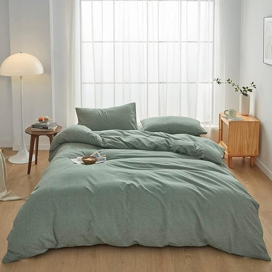 FACE TWO FACE Bedding Duvet Cover Set 3 Pieces 100% Washed Cotton Duvet Cover Linen Like Textured Breathable Durable Soft Comfy (California King, Reversible Green)